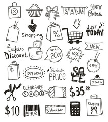 Sale promotion set of icons and objects. Hand drawn doodle discount offer design concept. Black and white outline coloring page game.