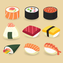 Set of Japanese tradition foods collection : sushi, sashimi, temaki and roll .Vector Illustration.