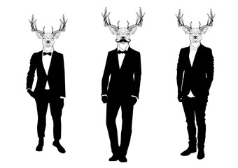 Men with deer heads black and white silhouette set.