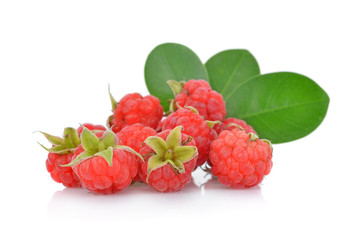  Raspberries with green leaf isolated on white background