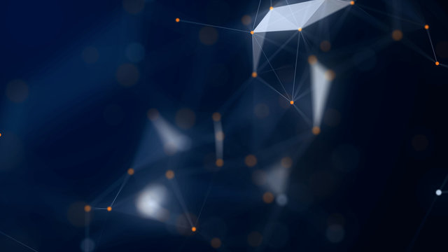 Shapes, dots and lines are connectied with shine on blurred background.