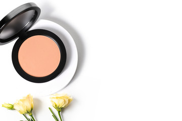 beauty skin care black product mockup package foundation blur face powder pact spf sunscreen makeup fashion cosmetic top view and white background with herbal leaf flower