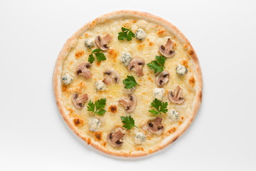 Four cheese pizza quattro fromaggi with mushrooms top view on a white background.