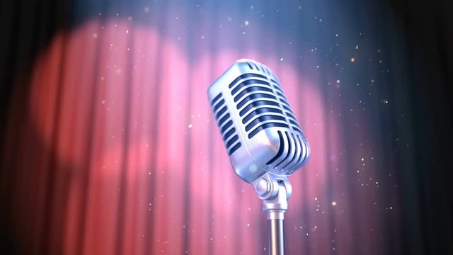 Zoom In Retro Microphone and Red Curtain with Rotating Spotlights in Volume Light with Dust Particles, Beautiful 3d Animation. 4K Ultra HD 3840x2160. Look For More Options In My Portfolio