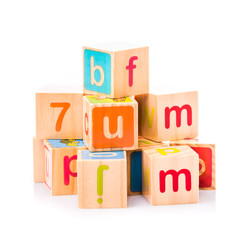 Toy cubes. Baby collection. ABC letters made from baby toys