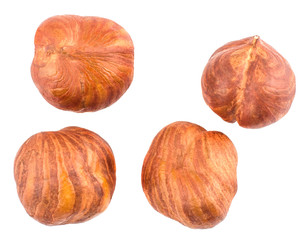 Unshelled hazelnuts isolated on white, top view