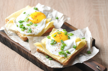 Toasts with fried egg, cheese and green onions. The concept of healthy eating. Light background. Close-up.