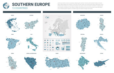 Vector maps set.  High detailed 13 maps of Southern Europe countries with administrative division and cities. Political map, map of Europe continent, world map, globe, infographic elements.