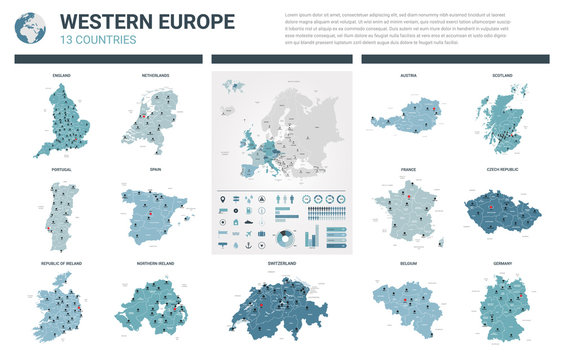 Vector maps set.  High detailed 13 maps of Western Europe countries with administrative division and cities. Political map, map of Europe continent, world map, globe, infographic elements.