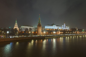 Fototapeta na wymiar Image of Moscow Kremlin at the autumn night. Long exposure image. Kremlin Towers, Residence of the President of the Russian Federation, Ivan the Great Belltower