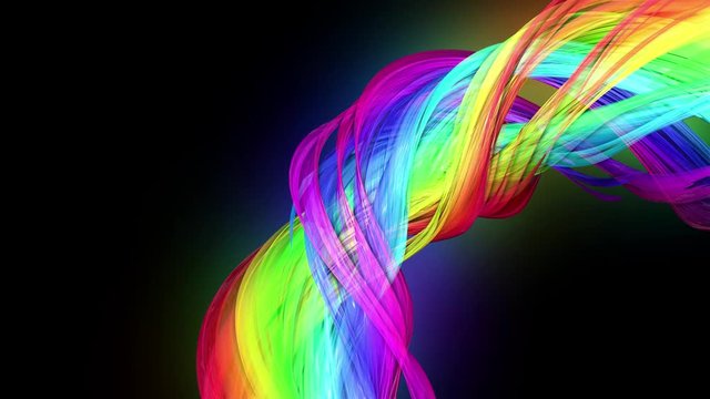 4k colorful looped animation of a rainbow colors tape with neon light moving in a circle as abstract background with lines and ribbons. Luma matte is included as alpha channel for compositing. 54