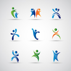 Abstract Logo Set. Human Character Figure Isolated On Gray Background. Icons Of Success, Celebration, Achievement And Activity. Vector Illustration Of People Logo, Graphic Design