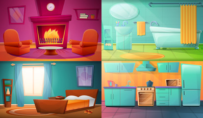 set of posters with different rooms of the apartment, vector illustration