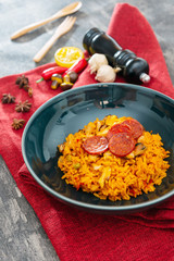 Paella with chicken, seafood and chorizo