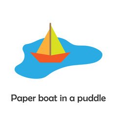 Paper boat in a puddle in cartoon style, spring card for kid, preschool activity for children, vector illustration