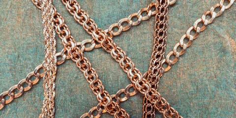 Gold chain for fashionable prints on a dark background, the trend of the 80s, 90s long banner