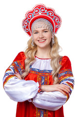 Traditional Russian folk costume, portrait of a young beautiful girl