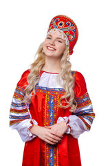 Traditional Russian folk costume, portrait of a young beautiful girl