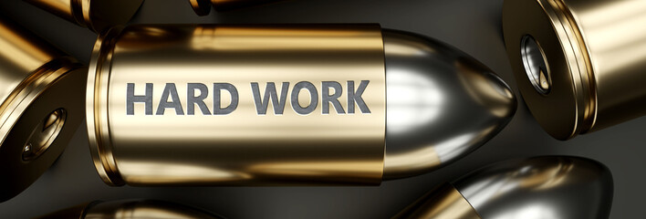Hard_work as a killer feature, main trait and most important attribute - power of hard_work pictured as a 3d render of a metal bullet with engraved English word, 3d illustration