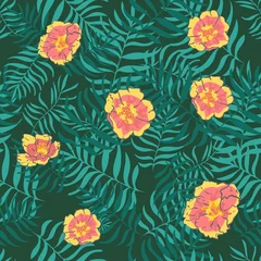 Abwaschbare Fototapete Vector seamless tropical pattern, vivid tropic foliage, with flowers, leaf of hibiscus in bloom. modern bright summer print design, for Print, Textile, Swimwear Fabric Paper. jungle © dulya
