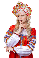 Traditional Russian folk costume, portrait of a young beautiful girl