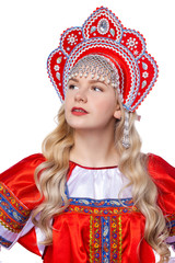 Traditional Russian folk costume, portrait of a young beautiful girl