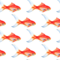 Seamless pattern with aquarium goldfish. Watercolor background. Tropical sea wildlife.
