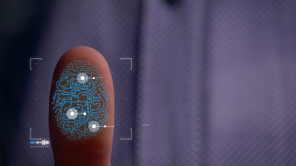 Person accessing a hologram with a fingerprint. Man, access to a modern hologram of a personal database with the discovery of fingerprint identification. Concept: Science, Car, Hologram, Viruses, DNA.