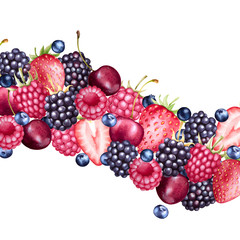 Fresh berries garland. Watercolor background with colorful fruits. Strawberry, raspberry, blueberry and blackberry.