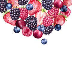 Fresh berries watercolor background. Colorful fruits illustration. Strawberry, raspberry, blueberry and blackberry.