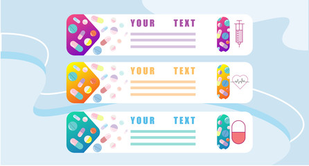 Collection of horizontal banner with set of pills, medicine, drugs isolated on blue background. Flat colorful vector illustration for online drugstore or pharmacy advertisement