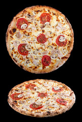 Pizza with mushrooms and smoked chicken. On dark background