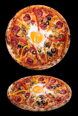 Pizza with salami, sweet pepper, egg and olives. On dark background