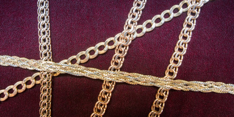 Gold chain for fashionable prints on a dark background, the trend of the 80s, 90s long banner