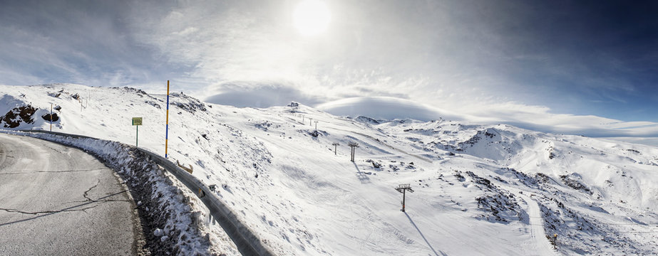 Spain, Andalusia, province of Granada, panoramic view of ski resort of Sierra Nevada in winter