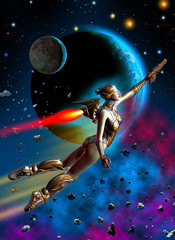 Fototapeta na wymiar futuristic girl, flying in the space, armed with gun, 3d illustration
