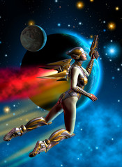 futuristic girl, flying in the space, armed with gun, 3d illustration