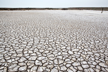 Dried salt lake. Gray dry soil or cracked ground texture background. Takyr.