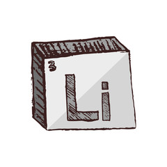 Vector three-dimensional hand drawn chemical gray silver symbol of lithium with an abbreviation Li from the periodic table of the elements isolated on a white background.