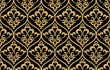 Floral pattern. Vintage wallpaper in the Baroque style. Seamless vector background. Gold and black ornament for fabric, wallpaper, packaging. Ornate Damask flower ornament
