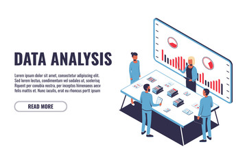 Data Analysis concept and project management, financial analysis, business strategy, teamwork, audit. Isometric men and women work together. Vector illustration isolated on white background.