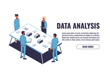 Data Analysis concept and project management, financial analysis, business strategy, teamwork, audit. Isometric men and women work together. Vector illustration isolated on white background.