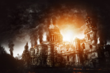 Catholic church building on fire concept