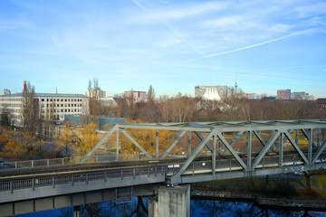 Berlin, Germany view to the city center east with subway bridge at the foreground