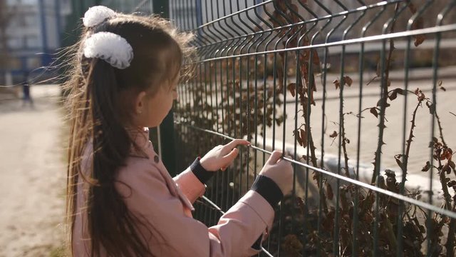 Little girl near the fence mesh.