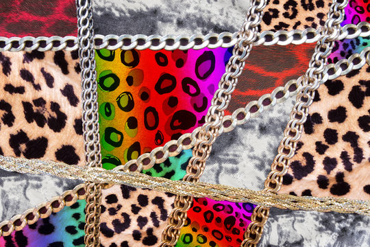 Gold chain of fashionable leopard prints, snake neon light trend of the 80s, 90s