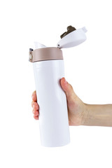white thermos in hand