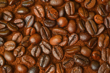 Texture of roasted coffee beans in flat lay angle.