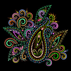 Paisley - colorful floral folk art pattern. Traditional ethnic ornament. Object isolated on black background. Vector print.