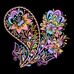 Paisley - colorful floral folk art pattern. Traditional ethnic ornament. Object isolated on black background. Vector print.